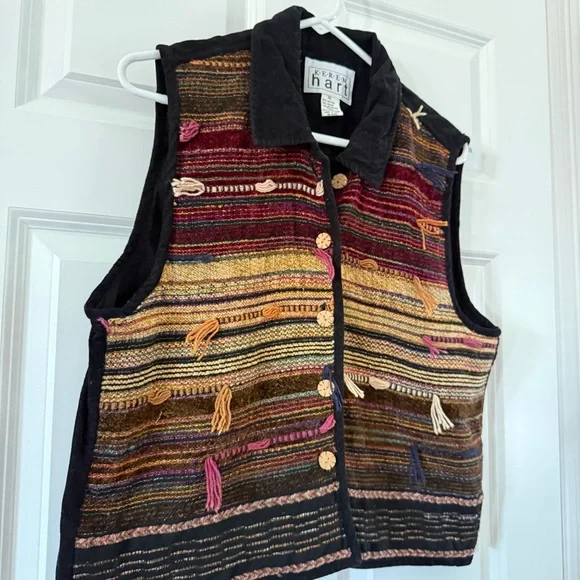 Vintage KEREN hart Striped Boho Tassel Vest in Burgundy, Mustard, Olive and Navy - Picture 4 of 4